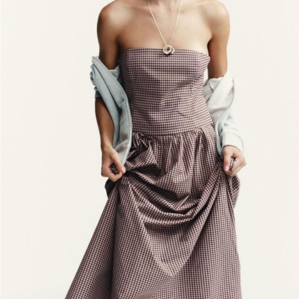 Zara Strapless Gingham Maxi Dress in Brown and Cream